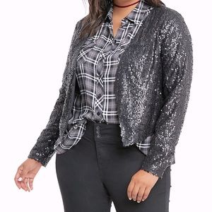 Black sequin drape front jacket. Torrid 2x